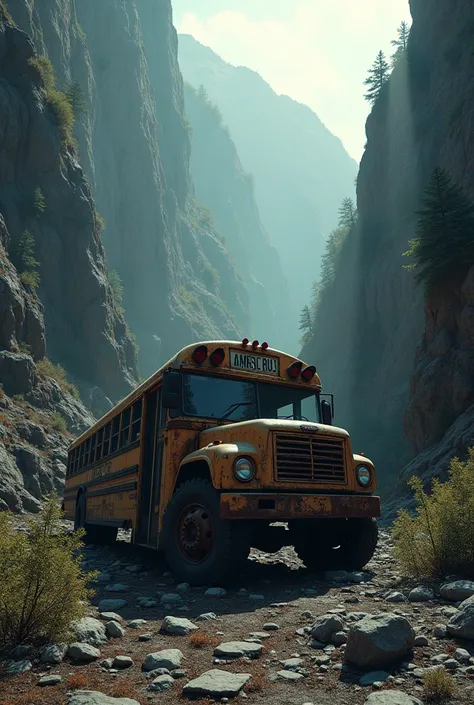 American bus crashed and abandoned in a ravine