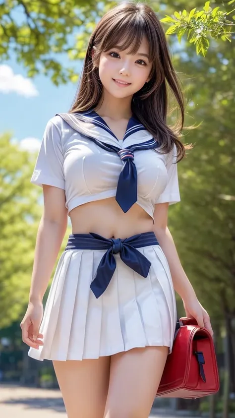 Masterpiece ,top quality,very detailed,kampala,(realistic,photo realistic:1.37),(cowboy shooting:1.2),(thigh:1.4), excellent anatomy,beautiful Japanese female, serious high school girl, but skirt is very short,(middle),(well proportion:1.3),smiling,very be...