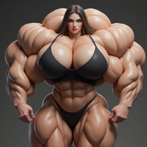 A massive female with enormous bulging muscles. Full body, wearing a tight shirt and mini skirt. Huge boobs.