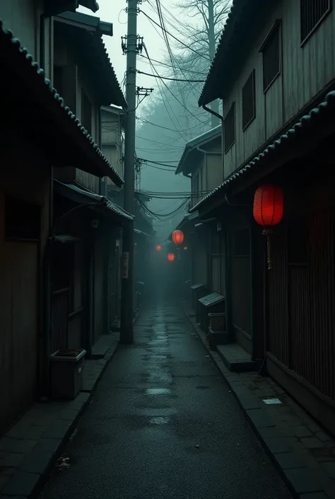 Dark alleys, traditional Japanese masks, and eerie imagery. 