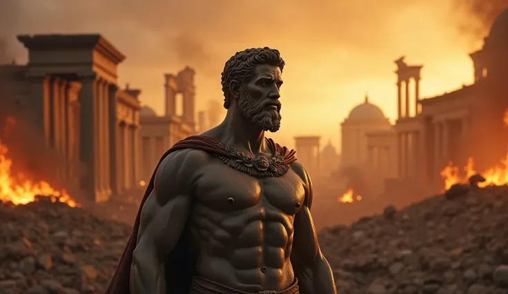 Stoic man in a proud pose .  The character has an expression of pride ,  looking to the left , transmitting internal emotion .  In the background you can see structures from ancient Rome,  in a state of destruction and debris . with a panorama of chaos ,  ...