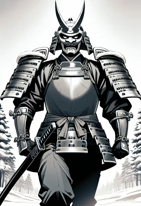 score_9,score_8_up,score_7_up,source_manga,rating_safety,masterpiece,best quality,hyper detailed,super fine illustration,8k,(monochrome:1.5),cinematic angle,BREAK 1boy,solo,(samurai mask:1.2),samurai armor,holding_katana,upper stance,standing,BREAK battlef...