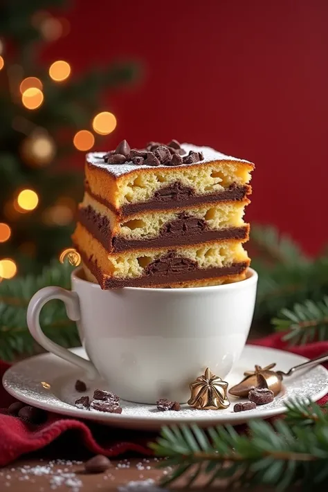 Panettone in alternate layers with chocolate filling in the 300ml cup. on Christmas background 