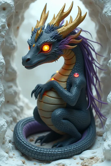 A two armed demi Dragon with a long tail, four horns on its head an eye covered in yellow, purple and red flame, the other eye, an orangeish yellow color with a purple hue. Long black and yellowish hair with purple highlights, his left arm covered in galax...