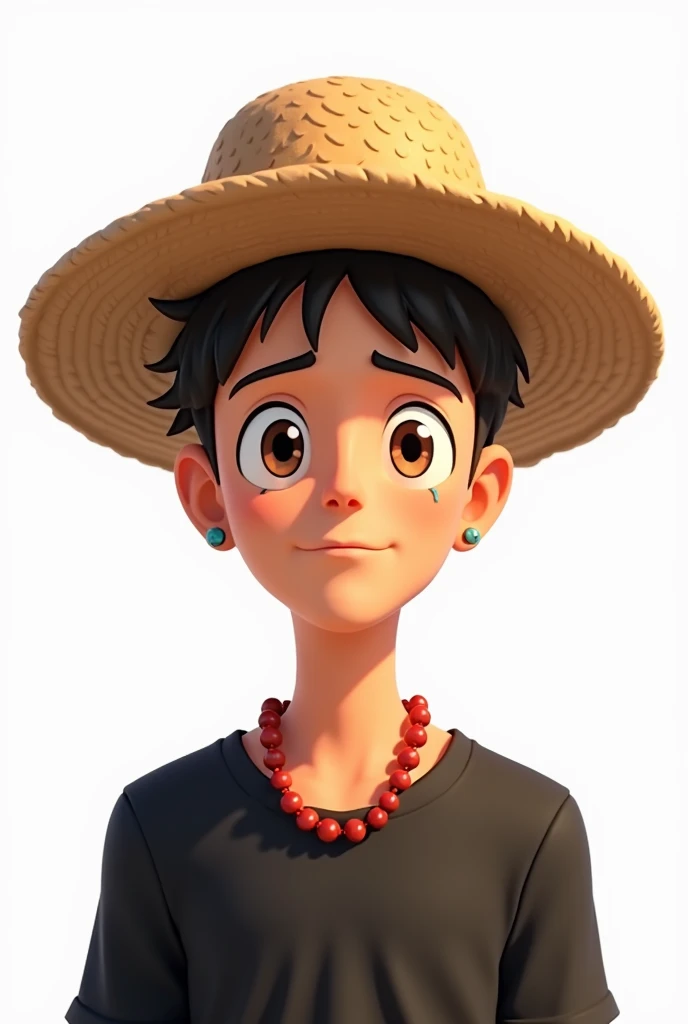 26 years old man, straw hat, brown eyes, frontal profile look looking at the camera, closed mouth, fixed gaze, light brown, one earring, from the waist up, with black t-shirt, red pearl necklace, 2D animation, png format background.