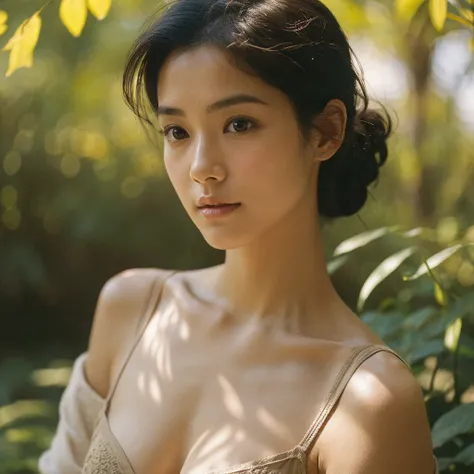 A hyper-realistic image of a single Japanese woman in her early 20s, captured with the nostalgic warmth and subtle graininess of a film camera. Her skin has a warm beige tone with a natural, slightly rough texture that includes visible pores, fine lines, a...