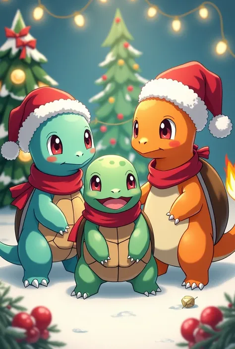  Create an image of the three Bulbasaur Pokémon , Charmander and Squirtle ,  with hats and Christmas outfits ,  and a Christmas tree and Christmas lights in the background