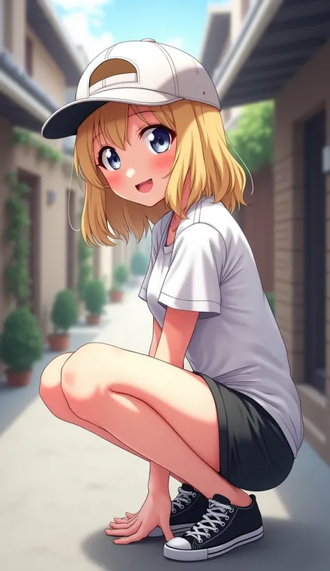 (Masterpiece, Top quality:1.5), 1 beautiful girl, solo, squatting down, from side, Blonde, medium Hair, wavy Hair, asymmetry bangs, swept bangs, airy hair, large breasts:1.2, , standard weight, (casual fashion, Shorts :1.3), baseball cap, smile:1.3, blush,...