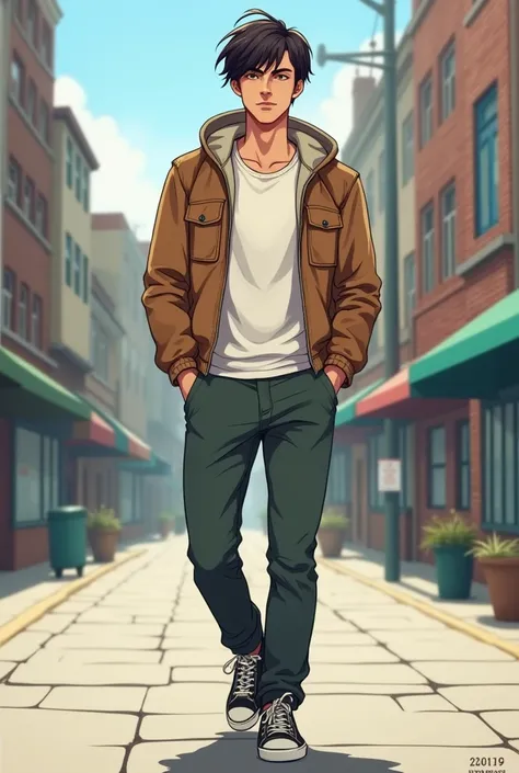 Create a cool character  (Dont give a shit )
 Characteristics of character :
 Straight hair ,  with a short forehead hairstyle
The hands in the trouser pocket 
Walking on the street
18-year-old male
Let Relog wear
And casual wear
With the hair in the front...