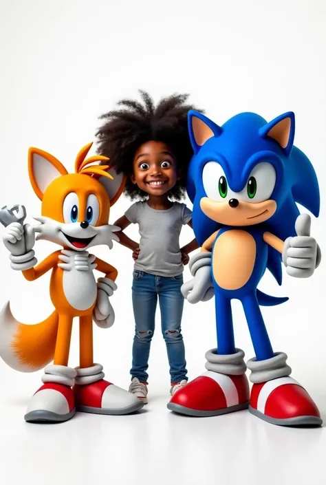 Create an image of a  Black girl standing confidently between life-sized versions of Sonic the Hedgehog and Tails. The girl has a youthful, cheerful demeanor, with curly, shoulder-length black hair, and is wearing casual, age-appropriate clothing such as a...