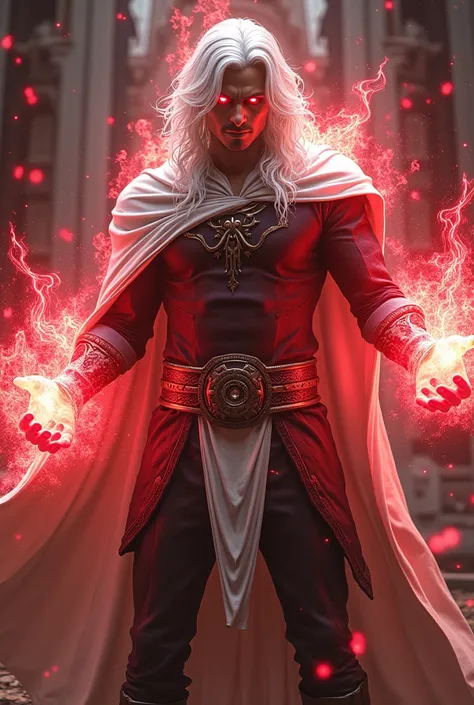 Send me a version of wiccan in marvels but change his chaos like red chaos energy in his both hands with white hair, red eyes, white cape instead of red and ancient sleeve shirt, pants