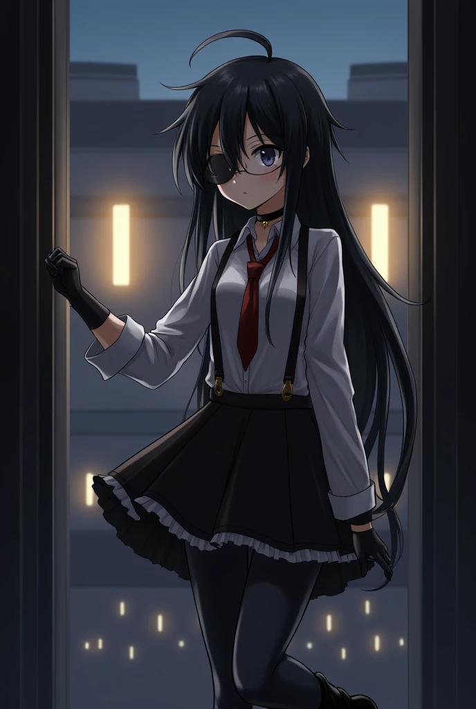 anime,  long black hair in a mess,  left eye patch,  right eye gray , white shirt with dark brown straps,  red tie , steampunk glasses , Petticoat with black pants, black boots,  short black gloves ,  choker , Looking at a door, Background of a hospital , ...