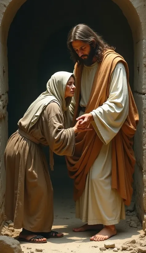  Jesus extends his arms to a suffering woman, humble, gorda, In torn robes 
