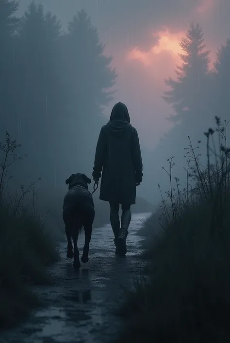 It generates a person and a dog moving away in a rainy and dusk environment