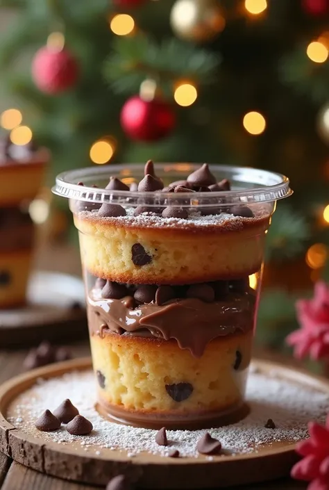 Chocolate chip cake inside a plastic cup with layers of chocolate filling
On a Christmas background 