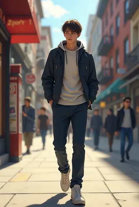 Create a cool character  (Dont give a shit )
 Characteristics of character :
 Straight hair ,  with a short forehead hairstyle
The hands in the trouser pocket 
Walking on the street
18-year-old male
Let Relog wear
And casual wear
With the hair in the front...