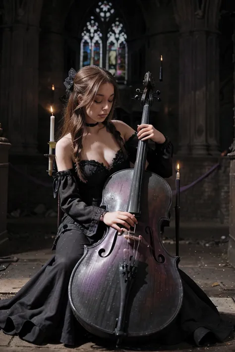 Gothic girl ,  in a ruined Gothic church surrounded by black candles and purple butterflies,  sitting playing a cello ,  in Gothic clothing ,  brown hair, long, wavy,  eyes closed , concentrated.