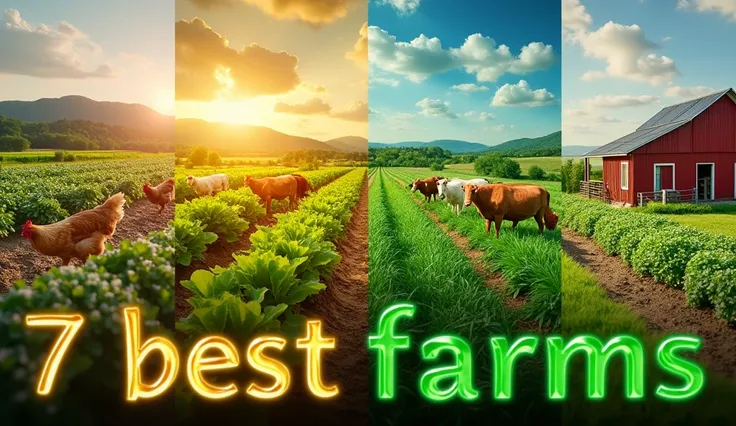 Visual Theme: A split-screen showing thriving small farms, from vegetable gardens to chicken farms, each glowing with profitability icons like coins and dollar signs.
Text Overlay: Bold, green text with a gold outline reading "7 Best Farms" at the bottom.
...