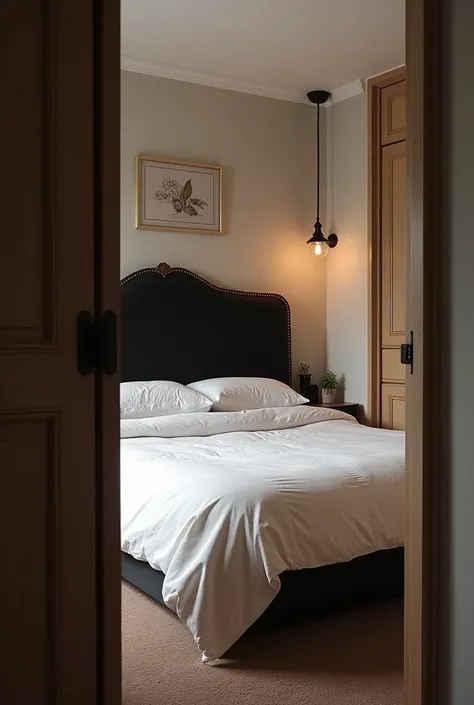 Take a 45° photo of an apartment room with 1 double bed, closet on the sides of the bed behind it a headboard with a modern vintage look black colors 