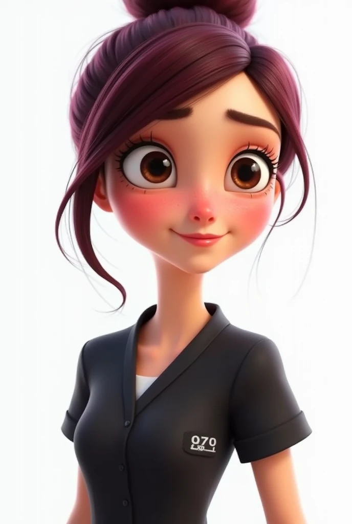 Disney Pixar nurse with hair tied up in a wine-colored onion, surgical black and dark brown eyes ,  with white background
