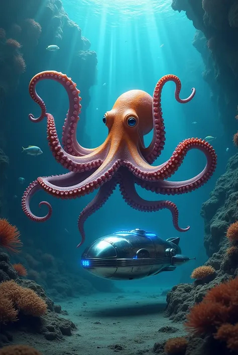 " An octopus with realistic details ,  its skin showing vibrant shades of orange and purple ,  with clearly visible suction cups ,  interacting with a futuristic underwater vehicle . The vehicle is metallic ,  with an aerodynamic design and bluish lights t...