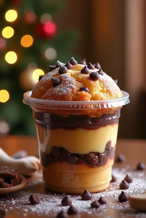 Chocolate chip panettone inside a plastic cup with two layers of chocolate filling
On a Christmas background 