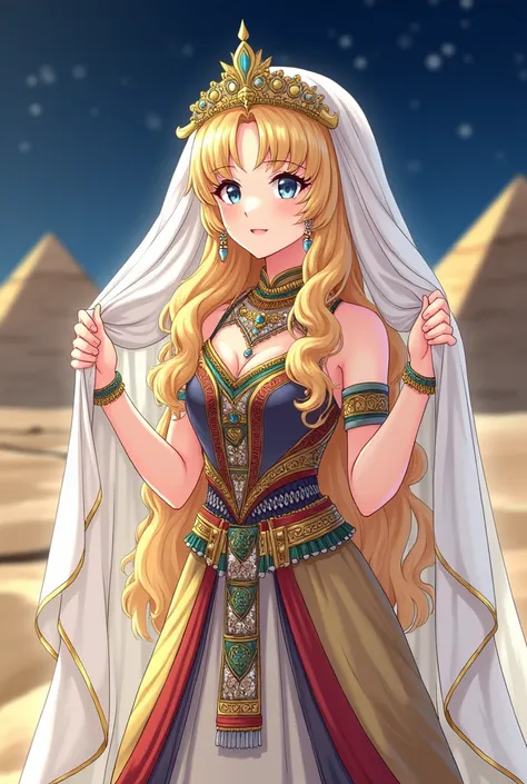 A Japanese anime-style illustration depicts a beautiful young girl with long golden curly hair and gray-blue eyes. She is dressed in an exquisite gown inspired by ancient Egyptian fashion, featuring a colorful, intricately designed dress adorned with red, ...