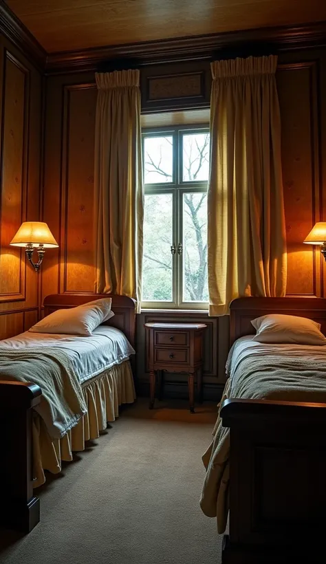 We are inside a cozy yet slightly whimsical hospital room, reminiscent of the magical world of Harry Potter. The room is filled with a warm, inviting light, emanating from antique-looking lamps with frosted glass shades. The walls are crafted from aged woo...