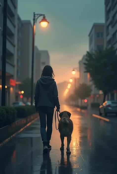 It generates a person and a dog walking away in a rainy and dusk environment and that is a simple image