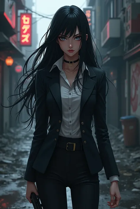 Create an anime girl with long black hair with gray eyes and a mobster 