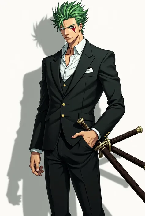 A tall man,  with spiky green hair and sharp eyes ,  wears a black suit that seems fitted only enough not to restrict your movements.  The white shirt is partially unbuttoned on the collar ,  dispensing with the tie ,  and the sleeves of the suit are sligh...