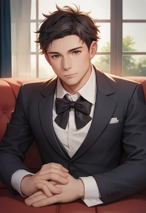 1boy, male_focus, solo, bow, bowtie, shirt, black_bow, white_shirt, looking_at_viewer, black_jacket, black_bowtie, black_hair, jacket, formal, collared_shirt, sitting, suit, long_sleeves, upper_body, short_hair, own_hands_together, closed_mouth, realistic,...