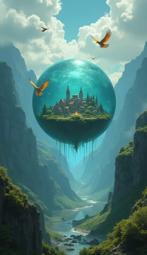 Its a valley where a sphere of water floats 、 there is a small town trapped in it、 and birds of fire fly around the sphere 