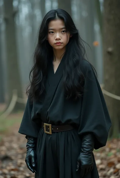 Live Action Pre teen Asian Boy With Long flowing Black Hair, Wearing a Baggy Long-Sleeved Medieval Tunic, With Long Black Leather Gloves, and Long Baggy Pants with Boots