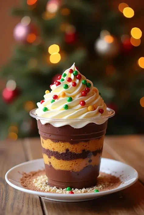 Chocolate chip panettone inside a plastic cup with two layers of chocolate filling and two layers of panettone and on top a last layer of chocolate with very small green and red ball sprinkles
On a Christmas background 