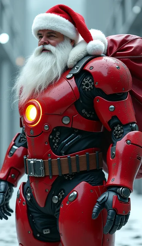 A full-body portrait of Santa Claus wearing futuristic red armor with a glowing energy core on his chest. His humanoid robot details are emphasized, including intricate mechanical joints and polished metallic textures. He has a fat, robust body, a long whi...