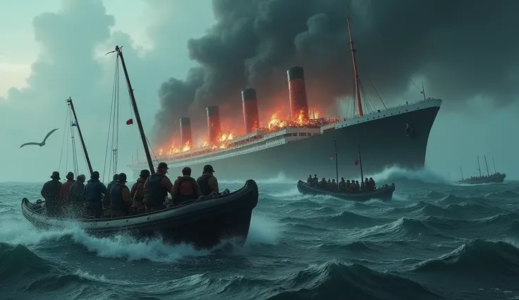 "Lifeboats packed with survivors, floating in the choppy Atlantic waters, while the SS Morro Castle’s burning wreck looms in the distance."