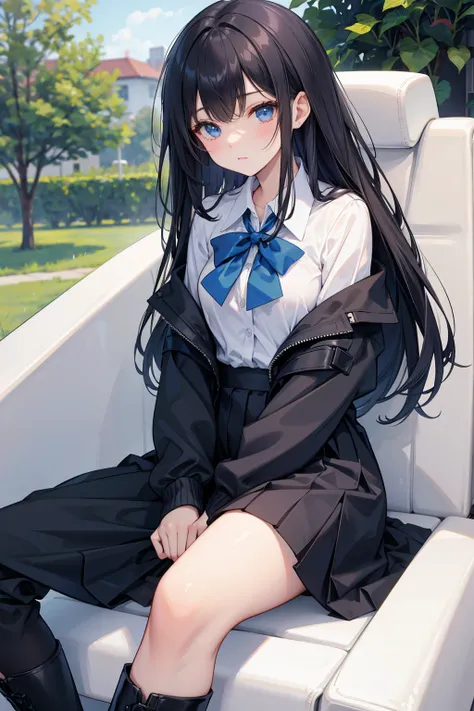 high school student ， Has long, dark hair ， with warm blue eyes ， Wore a fresh blue suit and black boots ， pure white collar and bright green bow 。 has long dark hair and warm blue eyes ， sitting in a car seat ， spread legs