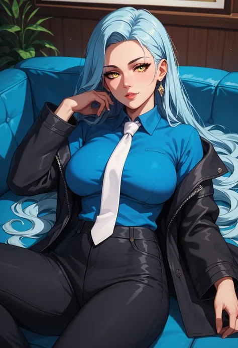 Score_9,Score_8_up,Score_7_up, Score_6_up,  source _anime, 1mature_FE, only 1 woman, Lying on a blue sofa,  flirty look,  light blue hair , very long hair , fine ironed hair ,  yellow eyes,  blue shirt with sleeves, white tie, black coat, Black pants ,  in...