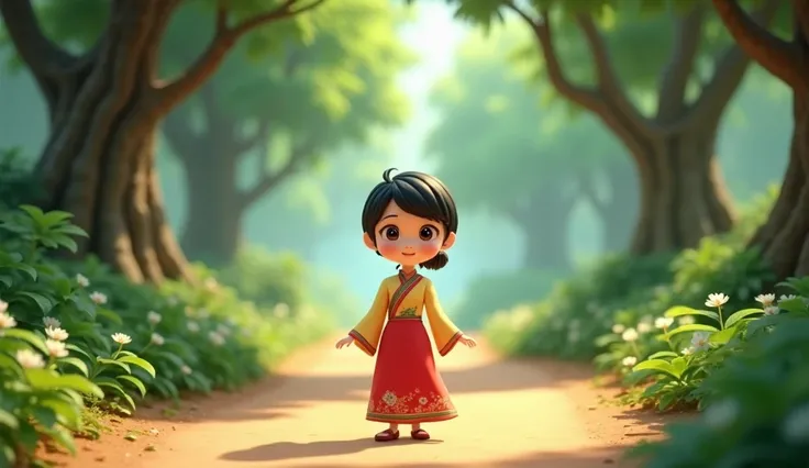 Vietnamese girlfriend  short black hair wearing traditional dress standing on the road in forest with trees Chibi 3D animation style