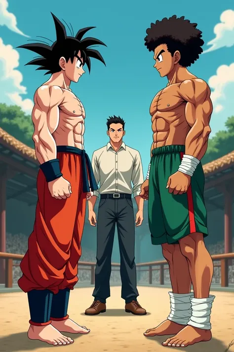 goku (s ) (delgado )  wearing red pants with a black belt  ,  barefoot and shirtless  (without bracelets on their wrists  )  standing in front of a man  (27 years old )  wearing green shorts with red line  ,  barefoot and shirtless  , light brown skin  , A...