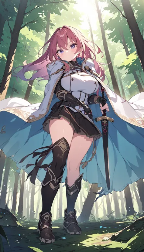 Female Warrior、 has a sword、 are cool、Big Breasts、 skirt、forest、Cape