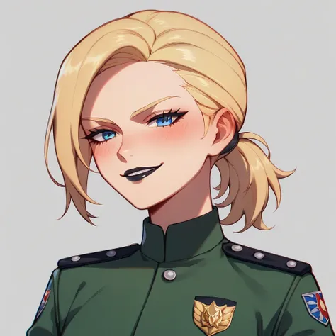 1girl, (( blonde hair, neat ponytail, blue eyes, Imperial officer wearing a greyish-green uniform, 6 studded yellow officer plaque, black lipstick)), ((smirking, lite blush)), ((anime artstyle, perfect face, perfect body, perfect anatomy, perfect eyes, pre...