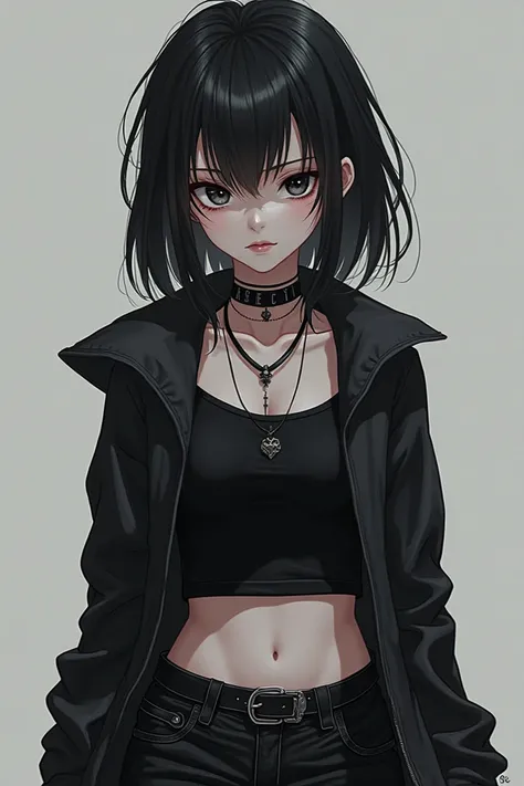  anime girl image,  pale white skin very white ,  black eyes with lost eyes and serious , muculosa black , necklaces, short negro,  knee length stockings gray,  gothic belt ,  triangle body style 