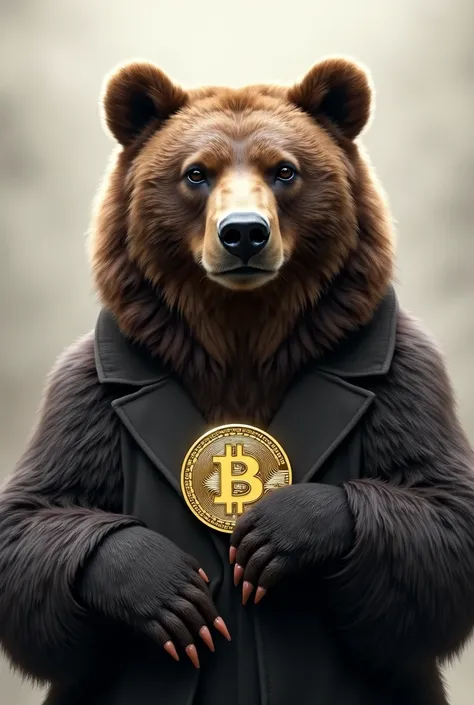 Generate the image of an elegant bear with a bitcoin in his hand