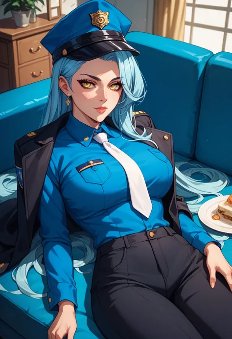 Score_9,Score_8_up,Score_7_up, Score_6_up,  source _anime, 1mature_FE, only 1 woman,  lying on a blue sofa,  flirty look,  light blue hair , very long hair , fine ironed hair ,  officers hat ,  yellow eyes,  blue shirt with sleeves , white tie, black coat,...