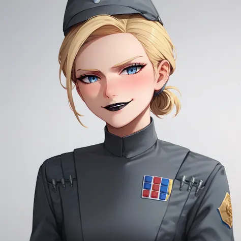 1girl, (( blonde hair, neat ponytail, blue eyes, Imperial officer wearing a grey uniform, 6 studded yellow officer plaque, black lipstick)), ((smirking, lite blush)), ((anime artstyle, perfect face, perfect body, perfect anatomy, perfect eyes, pretty face)...