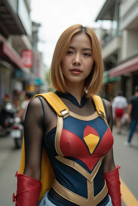 Thai woman, age 20 , beautiful, Thin,, short, straight, golden hair, long, shoulder-length ,  wearing the costume of the character number 18 in the comic, , standing on the street in Bangkok 