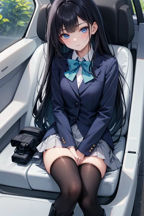 high school student ， Has long, dark hair ， with warm blue eyes ， Wore a fresh blue suit and black boots ， pure white collar and bright green bow 。 has long dark hair and warm blue eyes ， sitting in a car seat ， spread legs