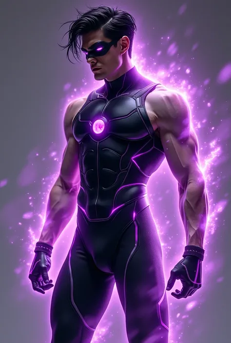 Full body photorealistic handsome hunky young slender futuristic male hero February, with black hair wearing a black sleeveless costume, with purple stylized details on the suit,, black eye mask,, and wristbands that  manipulate energy , his body is covere...